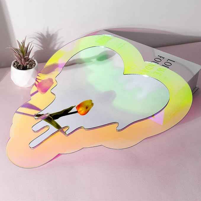 Irregular Wall Mirror Wavy Acrylic Rainbow Mirror Room Decor Aesthetic Mirrors Amorphic Vanity Retro Mirrors for Bedroom Living Room Bathroom Entryway Wall Decor, (Melting Heart Style, 13.5 x 12 Inch)