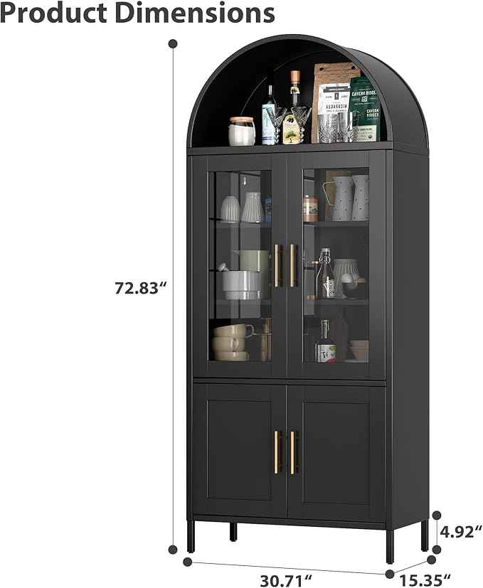 Metal Arched Bookcase Cabinet with 4 Doors,Arched Kitchen Pantry Cabinet for Home Office Living Room,Required Assembly,Black
