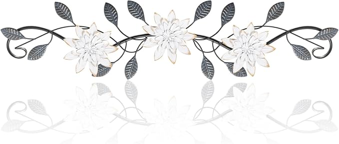 KHJCXS Metal Wall Art Modern Minimalist Metal Flowers Indoor Decor Horizontal Wall Art Iron Artwork,for Over Door,Bedroom,Living Room,Kitchen,Office Scroll Decor (White3)