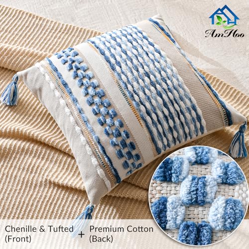 Chenille Striped Textured Boho Throw Pillow Covers Aesthetic with Tassels Woven Decorative Pillow Case for Couch Bed Sofa Bedroom Modern Funky 18 x 18