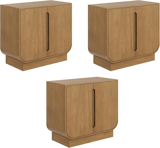 Nathan James Joey Mid Century Modern Storage Cabinet, Arched Accent Cabinet with Rounded Bottom Edges and Integrated Door Pull Cutouts, Light Brown Set of 3
