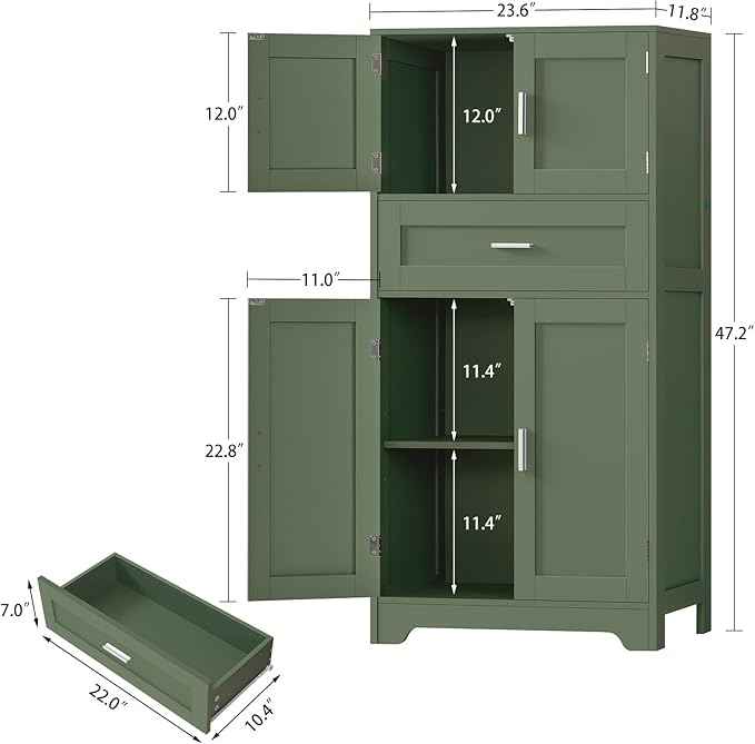 TEENFON Bathroom Floor Storage Cabinet with Adjustable Shelf, Freestanding Storage Cabinet with 4 Doors, Cupboard for Living Room, Home Office, Entryway, Forest Green