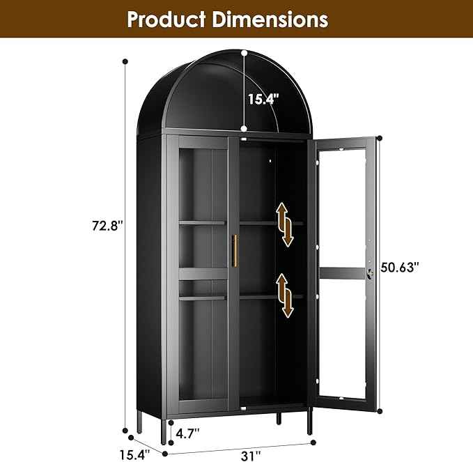 Metal Arched Cabinet with Lock,Arched Display Cabinet with Glass Doors and Shelves,Kitchen Pantry Cabinet for Dining Room, Home,Assembly Required (Black)