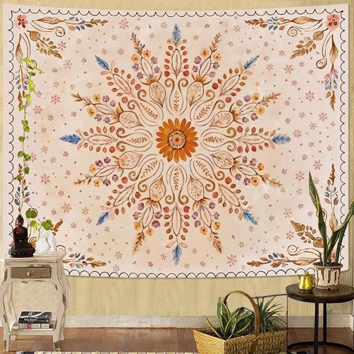 Boho Floral Mandala Tapestry for Bedroom Aesthetic Watercolor Bohemian Flower Wall Tapestry Brown Beige Hippie Indian Small Tapestries Wall Hanging for Living Room Dorm Decor 48 x 36 Inch