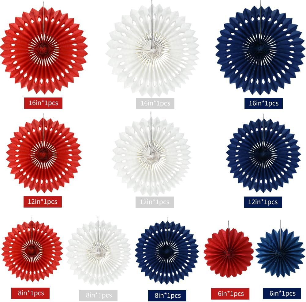BEISHIDA Red White Blue Hanging Honeycomb Round Paper Fans Decoration Patriotic Theme Tissue Paper Fan Garland for Baby Shower Kid Birthday Graduation Wedding Party Supplies（11packs）
