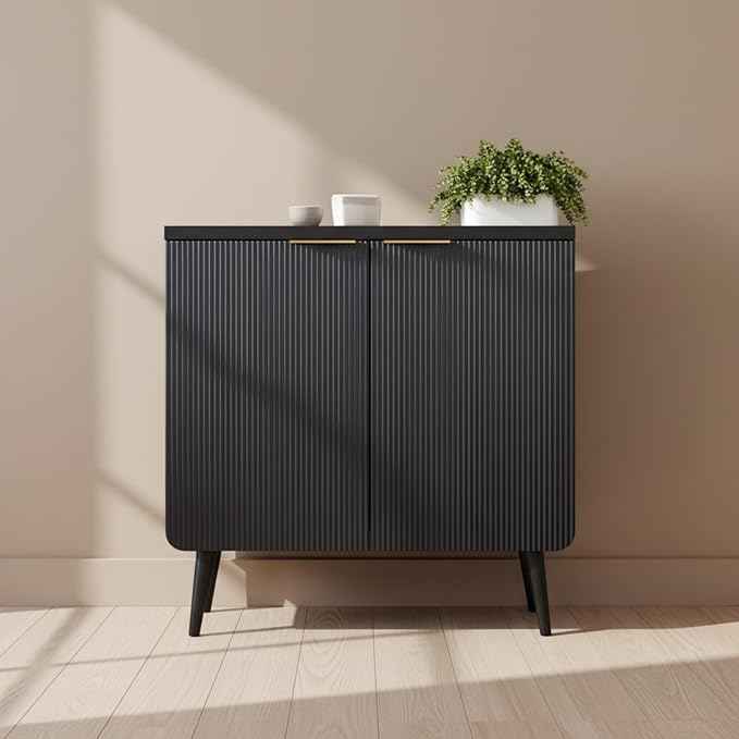 29.5" Modern Fluted Sideboard Cabinet with 2 Doors, Wood Storage Credenza with Shelves, Multi-Purpose Buffet Cabinet for Entryway, Dining & Living Room, Black