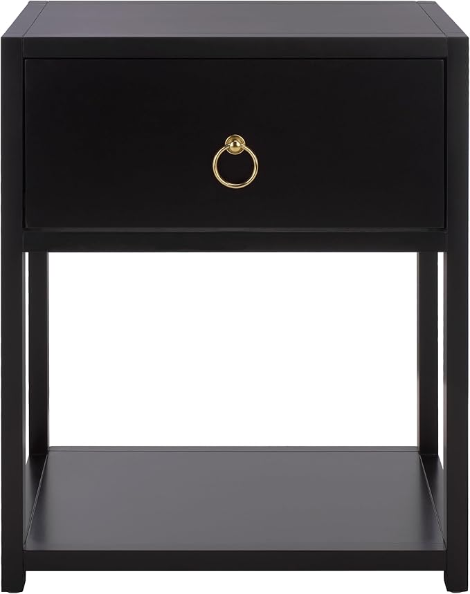 SAFAVIEH Home Collection - Yudi Black Nightstand, 1 Drawer 1 Shelf Bedside Table with Gold Metal Accent Pull, Fully Assembled (NST9201E)