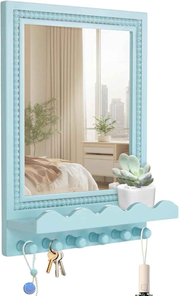 Tirzah 16x12 Inch Wall Mount Beaded Wood Framed Mirror with Shelf and 6 Hooks, Blue Decorative Entryway Mirror with Storage for Laundry Room, Bathroom, Bedroom