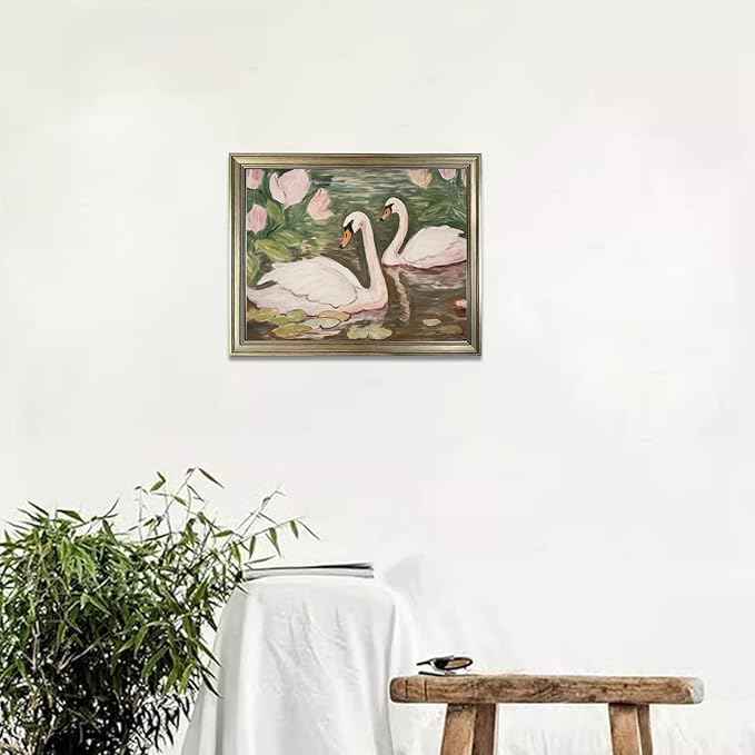 Vintage Framed Swan Wall Art Pink and Green Girls Room Decor Girly Office Canvas Print Painting Home Artwork
