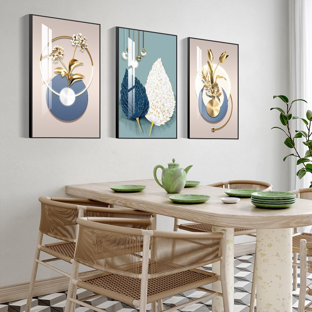 MPLONG Abstract Modern Minimalist Natural Framed Decorative Painting Bright style Wall Art Set of 3Wall Decor for Living Room, Bedroom, Dining Room, Office, etc. (Blue, 16 "X 24" X 3 pieces)