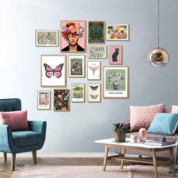 Vintage Eclectic Wall Art, Colorful Bohemian Gallery Wall Art, Retro Maximalist Decor Aesthetic, Funky Eclectic Gallery Wall Art Prints for Bedroom, Famous Artist Painting Pictures (with Beige Frame)