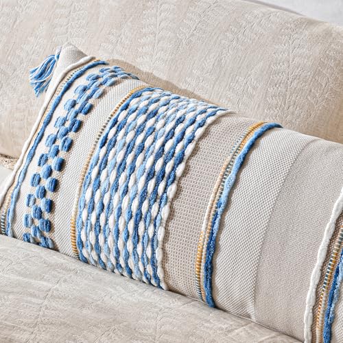Chenille Striped Textured Boho Throw Pillow Covers Aesthetic with Tassels Woven Decorative Pillow Case for Couch Bed Sofa Bedroom Modern Funky 14 x 36