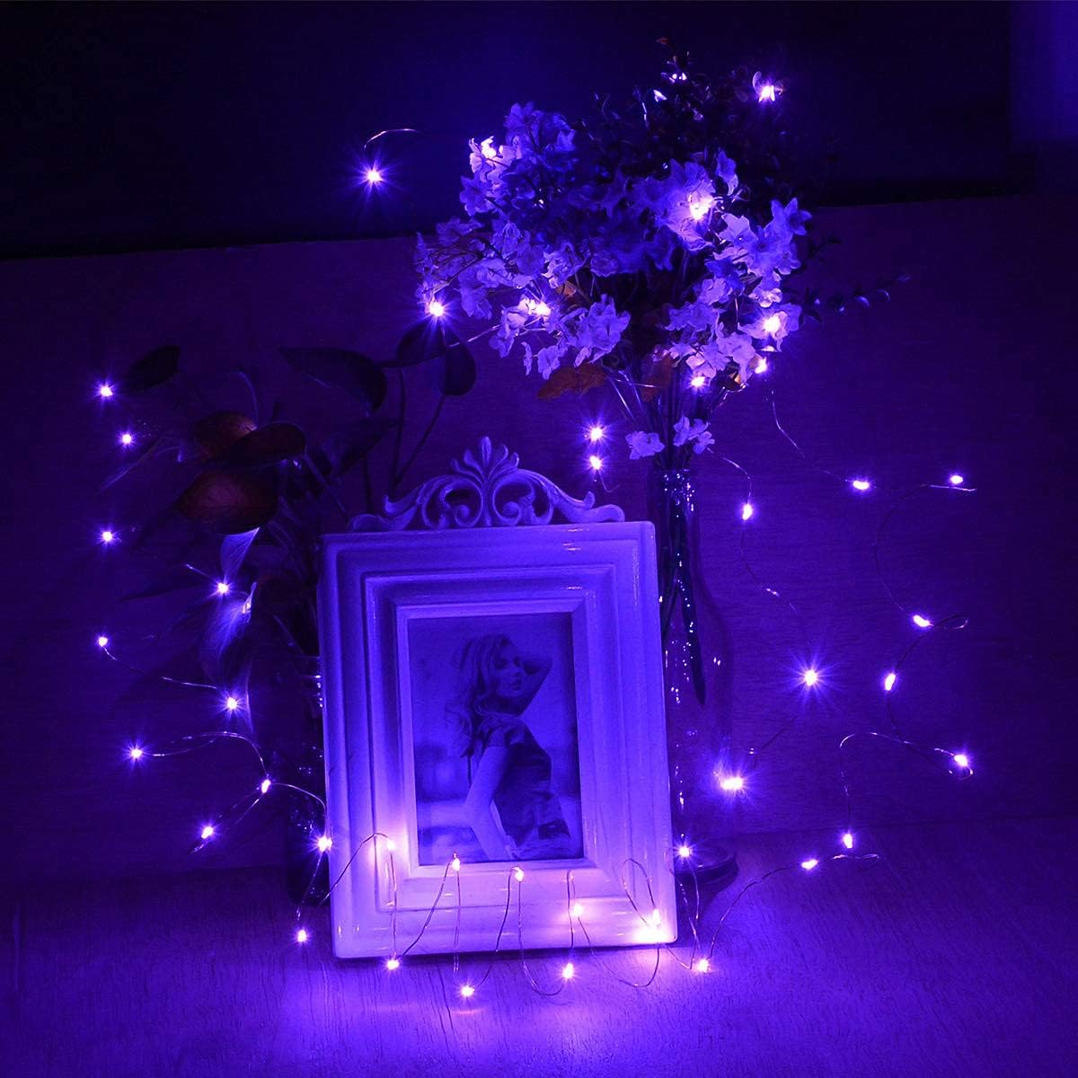 4-Pack 50 LED Fairy Lights Battery Operated with Timer, 16FT Waterproof Halloween String Lights Outdoor Indoor LED Starry Lights for Halloween Parties Bedroom Home Centerpiece DIY Decorations (Purple)