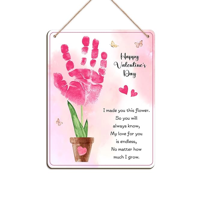 DIY Baby's First Valentine's Day Pink Flower Handprint Hanging Sign, Kids First Valentine Handprint Art Craft Keepsake Gifts for New Mom Dad, My 1st Valentine Crafts, Baby Milestone Announcement Props