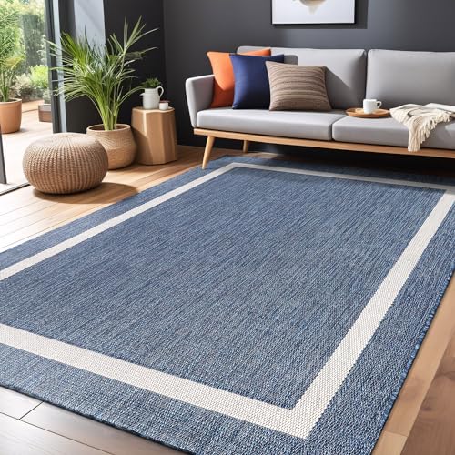 Bordered Outdoor Rug 10x14 Washable Outside Carpet for Indoor Patio Porch Waterproof Easy Cleaning Non Shedding Area Rugs Blue 10 x 14