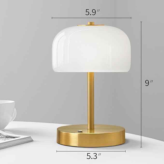 Oneach 9" Cordless Table Lamps Set of 2, Gold Rechargeable Battery Operated Lamp, 3-Way Stepless Dimming Touch Mushroom Lamps, Small Glass Nightlight for Bedroom Dining Table Living Room Shelf Decor