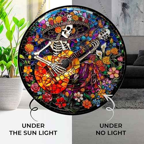 Mexican Skull Playing Guitar Stained Glass Suncatcher Window Hangings