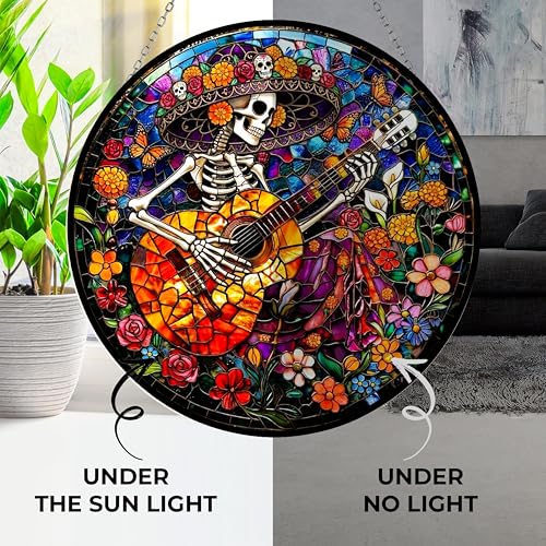 Mexican Skull Playing Guitar Stained Glass Suncatcher Window Hangings