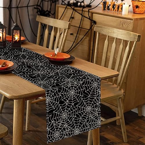 Halloween Table Runner Spider Web Black Linen Table Runners for Seasonal Holidays Indoor Outdoor Kitchen Dining Party Home Decor 13 x 36 Inch (3 Sq Ft)