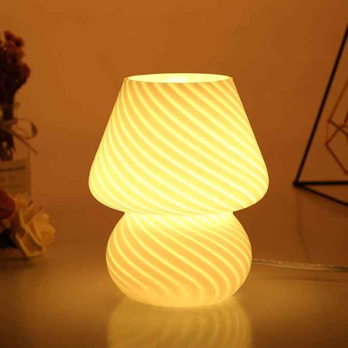 BSOD Mushroom Lamp,Glass Table Bedside Lamps Translucent Murano Vintage Style Striped Small Night Mushroom Decor Light Swirl for Ambient,Kids,Bedroom,Living,Girl Gift (Stripe White)