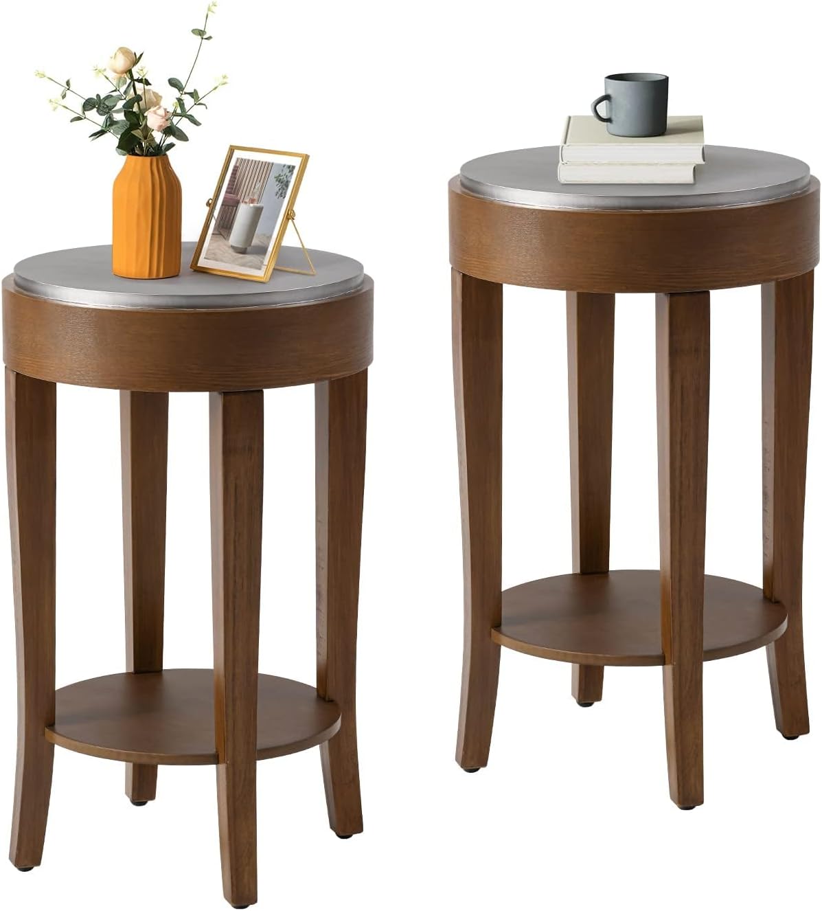 COSIEST Set of 2 Farmhouse Round End Table, 2-Tier Classic Brown Side Table, Wood Accent Table with Storage Shelf for Living Room, Bedroom, Office, Distressed Glaze Finish (Brown & Silver)