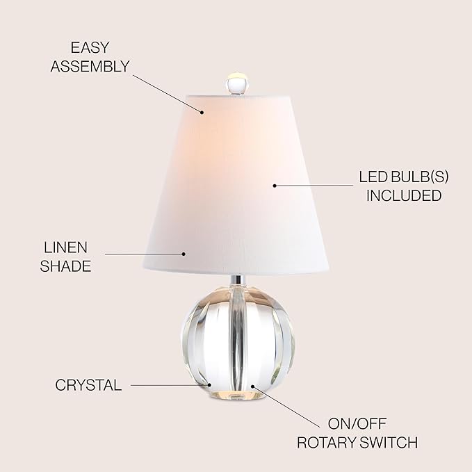 JONATHAN Y JYL2079A 16" Glam Crystal Ball Table Lamp, Modern Bedside Nightstand Lamp for Bedroom Living Room Office, Clear Glass Orb with White Linen Shade and Chrome Accents, LED Bulb Included