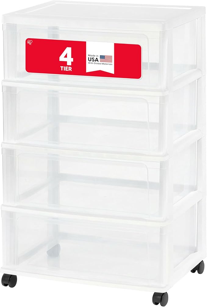 IRIS USA Plastic Drawer Storage Organizer Rolling Cart, with Wheels Casters, 4-Drawers, for Art Craft Supplies Bathroom Dorm Bedroom Laundry Room, Wide, White/Clear