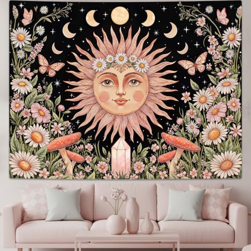 Boho Pink Sun Moon Phase Daisy Flower Floral Tapestry 48 x 36 Inch