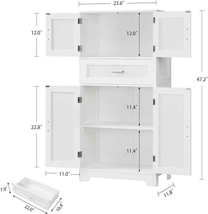 TEENFON Bathroom Storage Cabinet with Adjustable Shelf & Large Drawer, Tall Storage Cabinet with 4 Doors, Kitchen Pantry Storage Cabinets, for Living Room, Dining Room, Home Office, Entryway, White