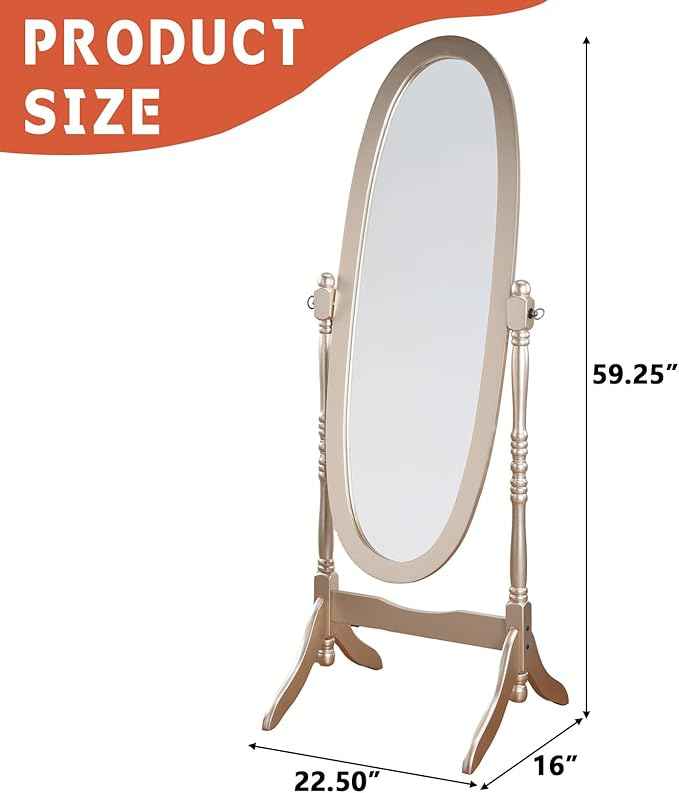 Full Length Mirror with Stand, Swivel Adjustable Oval Wood Cheval Floor Mirror, Dressing Cheval Mirror for Bedroom Livingroom, Interior Gift Idea (Gold)