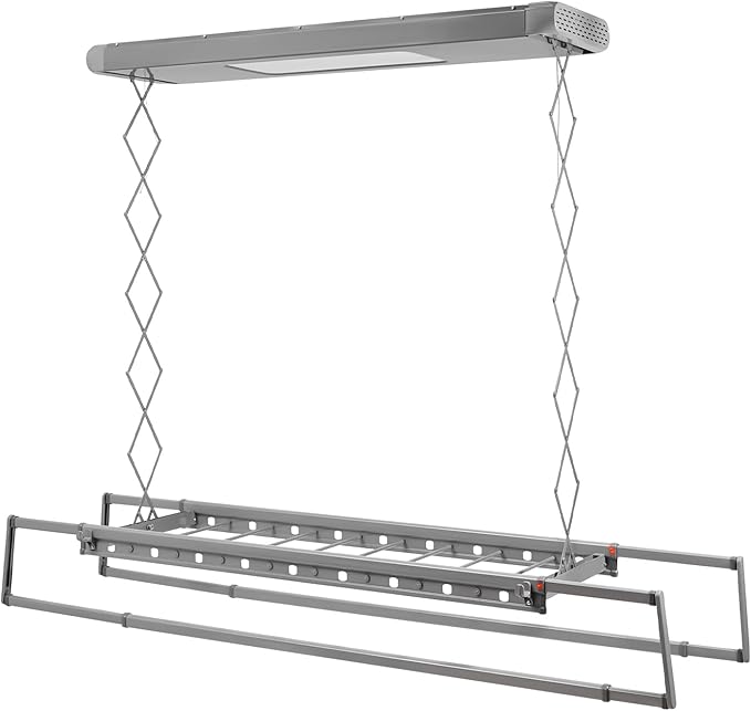 Electric Retractable Airing Rack Gray, Ceiling Clothesline 77lbs Load, Ceiling Mounted Clothes Drying Rack 24W with Remote and Light for Laundry Balcony (Gray)