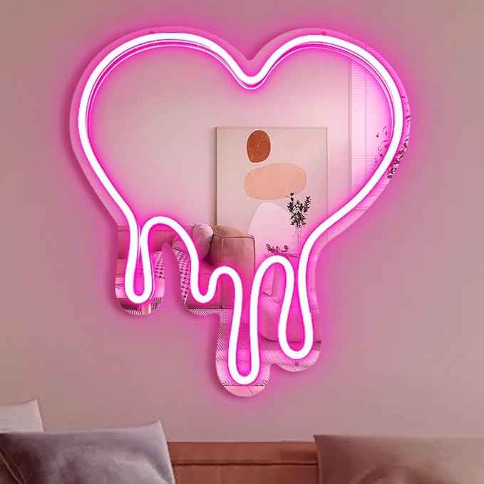 Melting Heart Neon Acrylic Mirror Sign with LED Light - Pink Neon Signs for Wall Decor Shatterproof, Rustproof, Lightweight, Adjustable Brightness Superior Aesthetic Appeal Neon Light Mirror