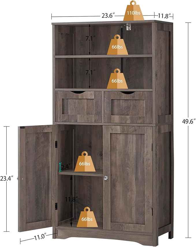 Iwell Tall Storage Cabinet with 2 Drawers & Adjustable Shelf, Bathroom Cabinet with Doors, Kitchen Pantry Storage Cabinets, Cupboard for Living Room, Dining Room, Entryway, Rustic Gray