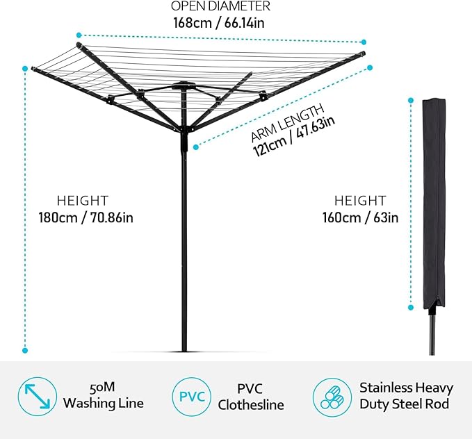 Nisorpa Rotary Outdoor Umbrella Drying Rack Adjustable Height Clothesline w/Waterproof Protective Cover Folding Rotary Dryer with 4-Aluminum Arms and Steel Post 12-Lines with 165 ft Clothesline