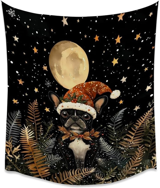 French Bulldog Christmas Tapestry Wall Hanging Cute Dog Santa Hat Moon Pictures Print Pet Lover Gift Funny Christmas Tapestries Aesthetic for Winter Home Nursery Kids Bedroom Decor 40x60inch