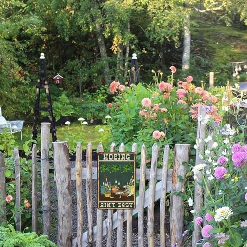 Funny Garden Signs for Outside Hoeing Ain't Easy Metal Tin Sign Personalized Decor Gift for Women Outdoor Yard & Shed Gardening Signs Garden Stuff for Outside 8x12 Inch
