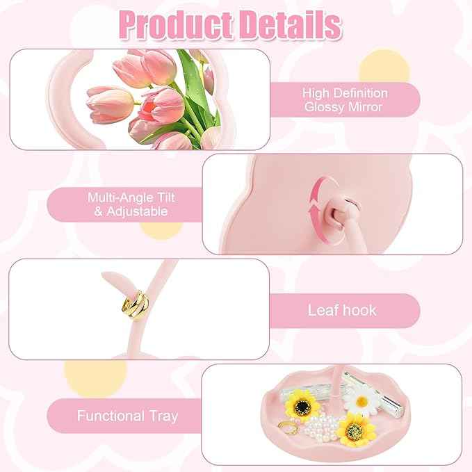 Vanity Mirror, Desk Flower Compact Adjustable Desk Mirror, Office Cubicle with Jewelry Tray & Foundation Brush, Cute Makeup Mirror with Standing, Home Decor for Bedroom Living Room Dormitory(Pink)