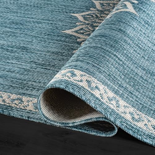 Outdoor Rug 6x9 Medallion Aqua Modern Area Rugs for Indoor and Outdoor Patios Kitchen and Hallway Mats Washable Porch Deck Outside Carpet (60 Sq Ft)