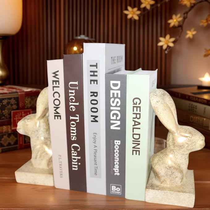 Rabbit Decorative Bookend,1 Pair Cute Bunny Book Ends, Decorative Bookends for Heavy Books, Vintage Shelf Decor,Antique Gold