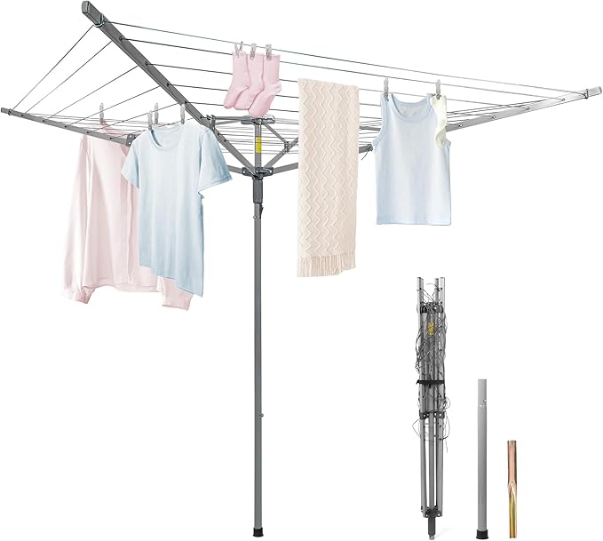 JS HANGER Umbrella Clothesline Outdoor, Height Adjustable Rotary Clothes Drying Rack 131Feet/45m Retractable Clothesline Dryer with 4 Arms