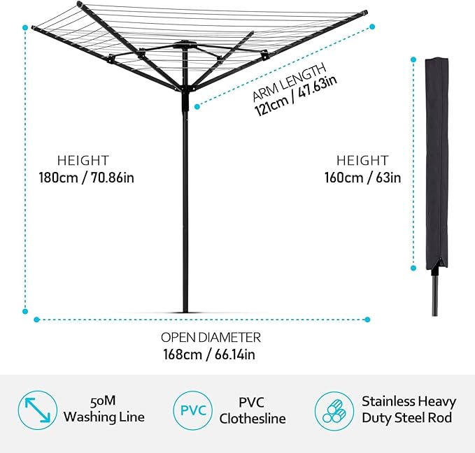 Umbrella Clothesline Outdoor,165 Feet Heavy Duty Outdoor Clothesline for Backyard 12 Lines 4 Arms, Adjustable Height Foldable Retracting Collapsible Clothes Drying Rack for Backyard