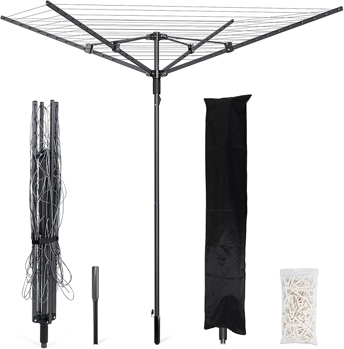 Outdoor Umbrella Clothes Drying Rack,Rotary Clothesline Adjustable Height Drying Rack Clothing 4 Arms 12 Lines with 165 Feet Drying Space,Steel Frame Laundry Drying Rack with Ground Spike for Backyard