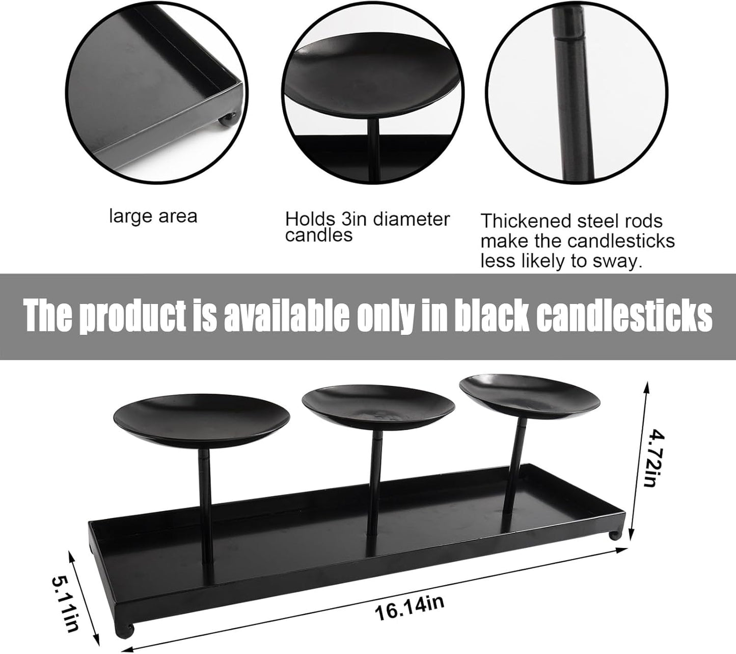 3 Pillar Black Metal Candle Holders for Table Centerpiece, Fall Thanksgiving & Halloween Dining Table, Fireplace Mantel Decor, Tray Candlestick for Living Room Rustic Decorations