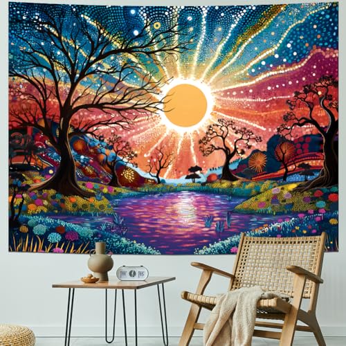 Tree of Life Tapestry Trippy Sun Forest Tapestries Colorful Starry Sky Tapestries Hippie Nature Landscape Tapestry Wall Hanging for Living Room Bedroom