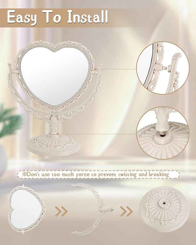 D&XQAUO Vintage Heart Mirror for Desk Cute Coquette Room Decor,Vanity & Bathroom Double-Sided Rotating Makeup Table Mirror with Stand