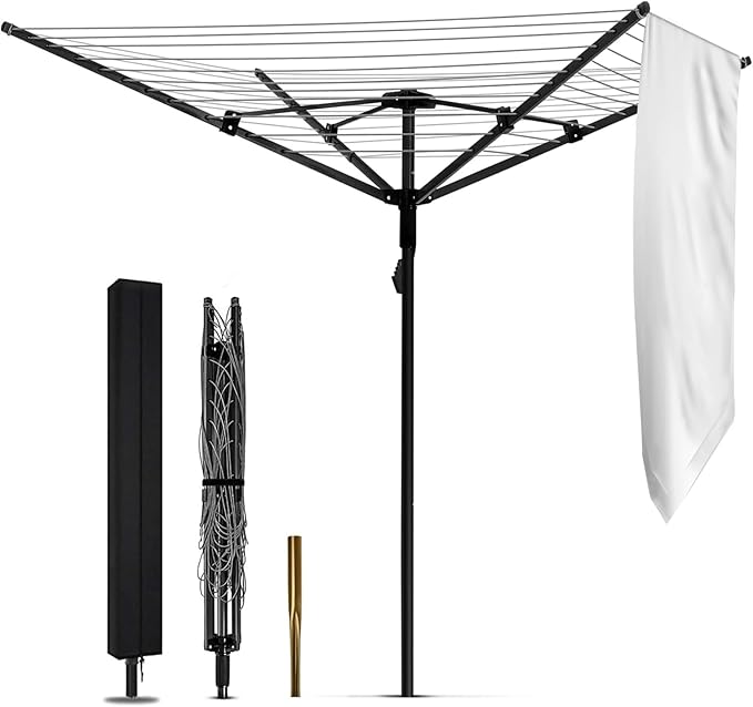 Umbrella Clothesline Outdoor,165 Feet Heavy Duty Outdoor Clothesline for Backyard 12 Lines 4 Arms, Adjustable Height Foldable Retracting Collapsible Clothes Drying Rack for Backyard