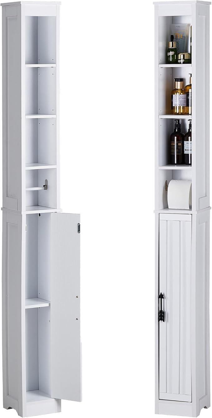 VECELO Storage Cabinet, 71" Tall Narrow Bathroom Cabinet with Adjustable Shelves, Toilet Paper Holder, Magnetic Door, for Small Spaces, Pearl White