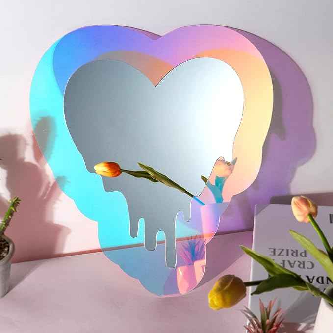 Irregular Wall Mirror Wavy Acrylic Rainbow Mirror Room Decor Aesthetic Mirrors Amorphic Vanity Retro Mirrors for Bedroom Living Room Bathroom Entryway Wall Decor, (Melting Heart Style, 13.5 x 12 Inch)