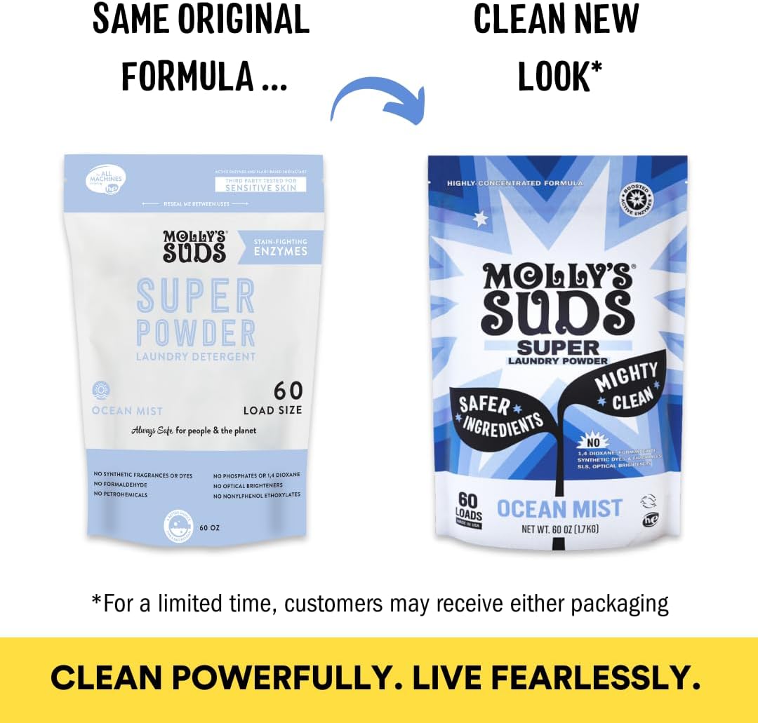 Molly's Suds Super Powder Detergent | Extra Strength Laundry Soap, Stain Fighting | Sensitive Skin | Simple, Effective Ingredients | 60 Loads - Ocean Mist