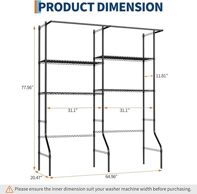 Over Washer and Dryer Storage Shelves, Adjustable Height 4-Tier Clothes Drying Rack with Hanger Rod & Hook, Heavy Duty Laundry Room Storage Organization, Space Saving, Black